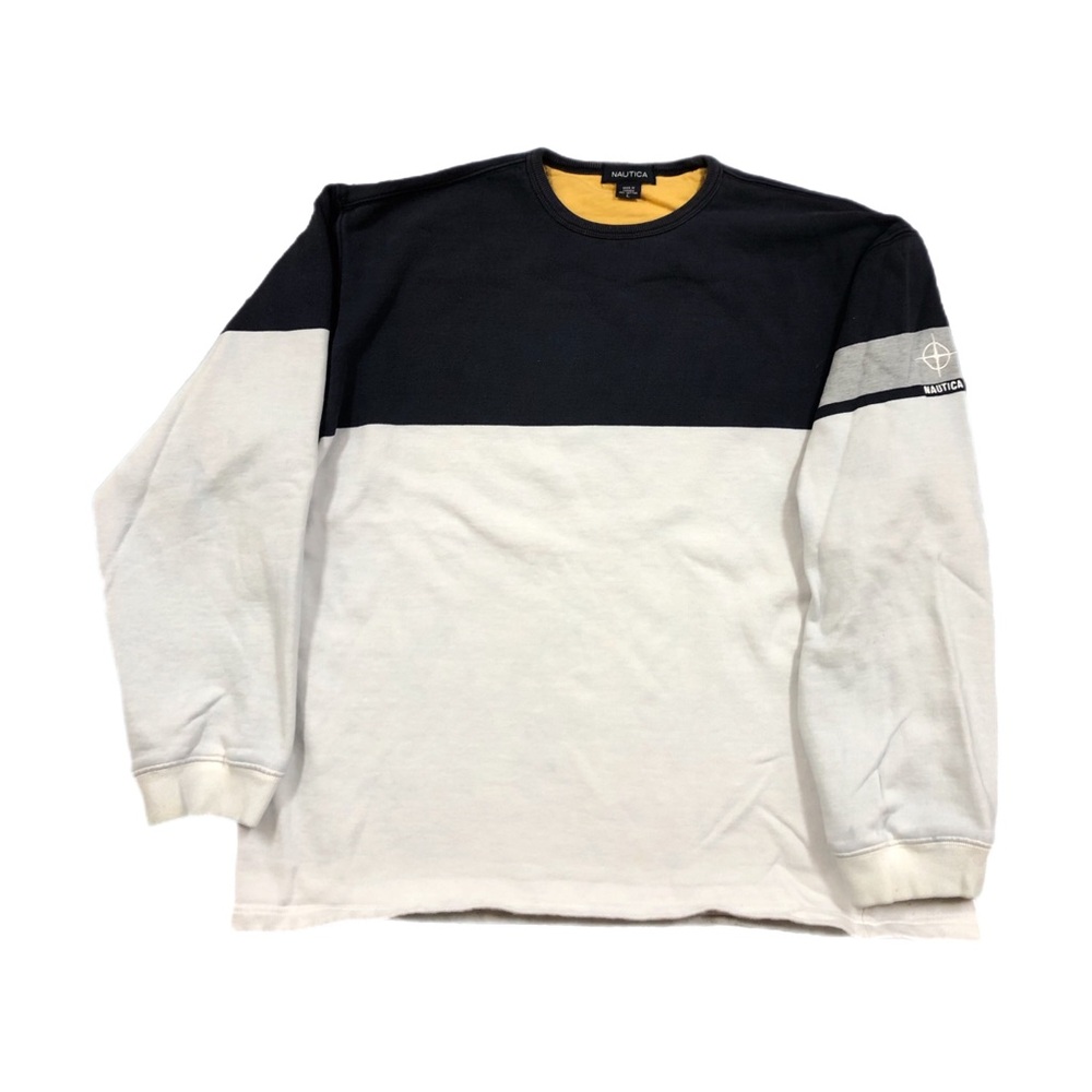 Nautica Sweatshirt Mens Large Colorblock Navy White Gray Logo Sleeve Cotton Vtg